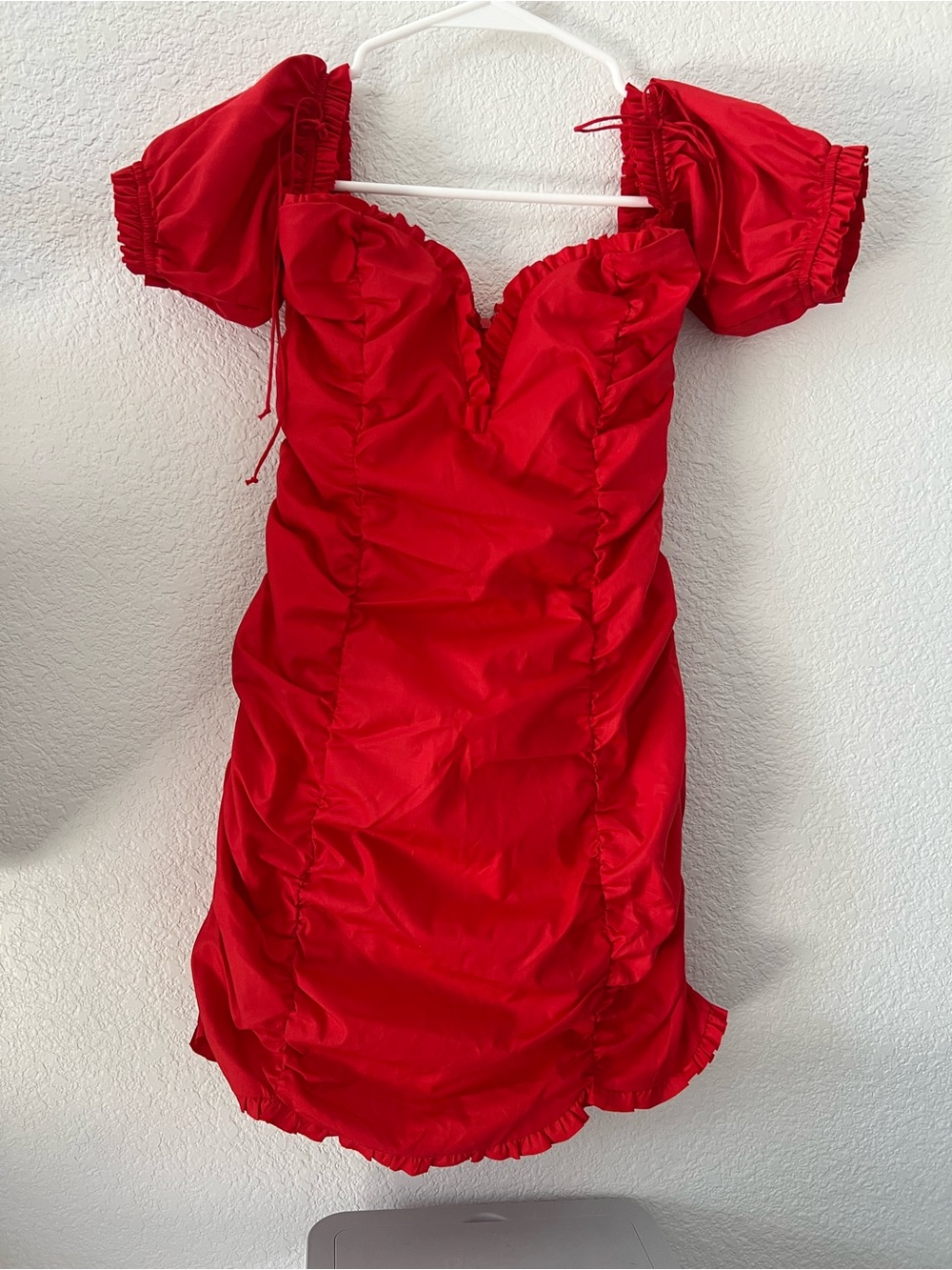 For Love And Lemons Red Ruched Mini Chemise with Puff Sleeves